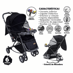 Coche Bebé Multifuncional 6 Ruedas con Modo Mecedora y Mango Reversible – Color Negro