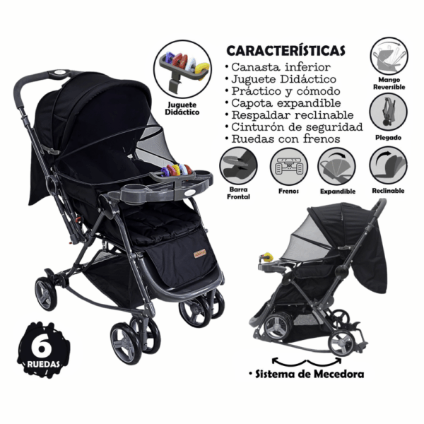 Coche Bebé Multifuncional 6 Ruedas con Modo Mecedora y Mango Reversible – Color Negro