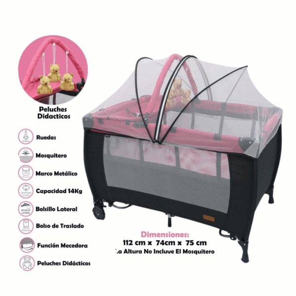 Corral Bebé Plegable con Mosquitero, Mecedora y Peluches Didácticos – Modelo Rosado