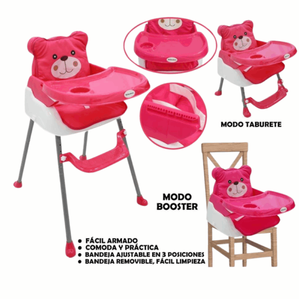 Silla de Comer 3 en 1 Bebesitos – Modo Alta, Taburete y Booster | Rosa o Gris Osito - Imagen 2
