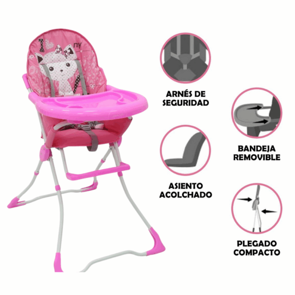 Silla de Comer Plegable con Arnés y Bandeja Removible – Diseño Rosado Gatita o Azul Safari - Imagen 2