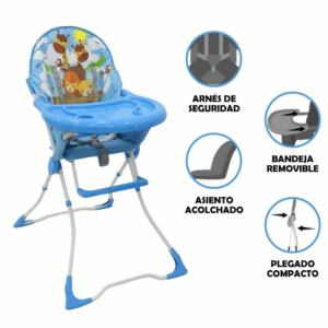 Silla de Comer Plegable con Arnés y Bandeja Removible – Diseño Rosado Gatita o Azul Safari